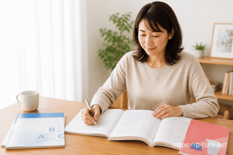 40〜50代くらいの女性が自宅のダイニングテーブルで英語と数学の勉強している