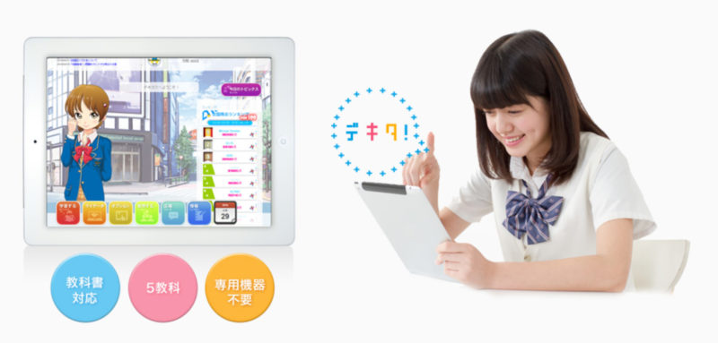 タブレット学習の画面と取り組む女子