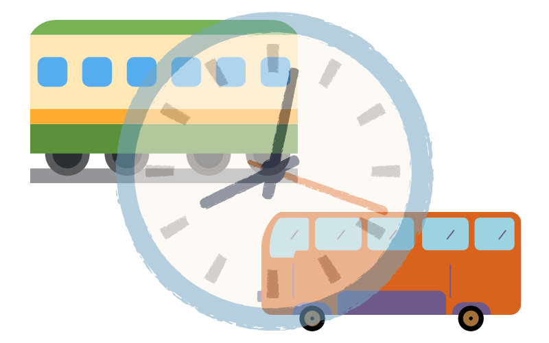 時計とバスと電車のイラスト