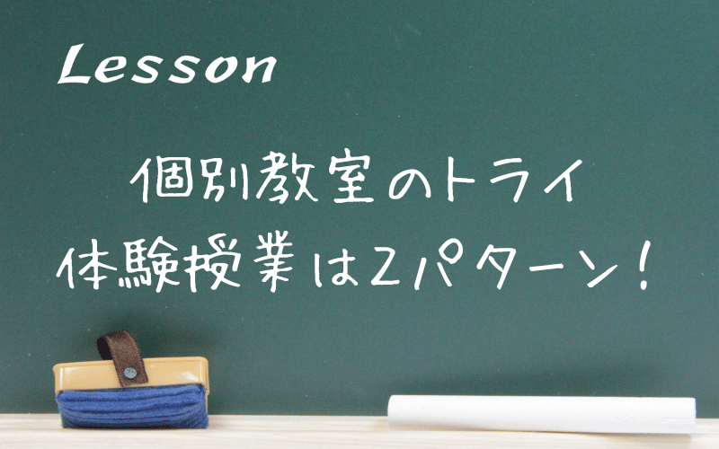 「Lesson」「個別教室のトライ　体験授業は２パターン」と書かれた黒板