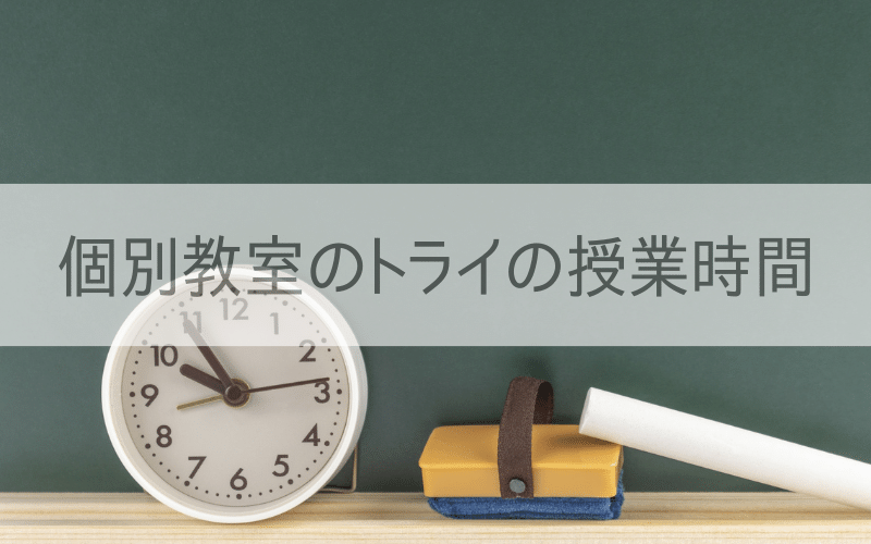 黒板と時計と「個別教室のトライの授業時間」の文字