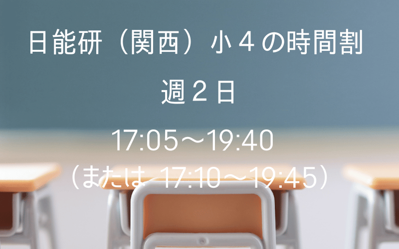 黒板と机と椅子、「日能研関西小４の時間割」の文字