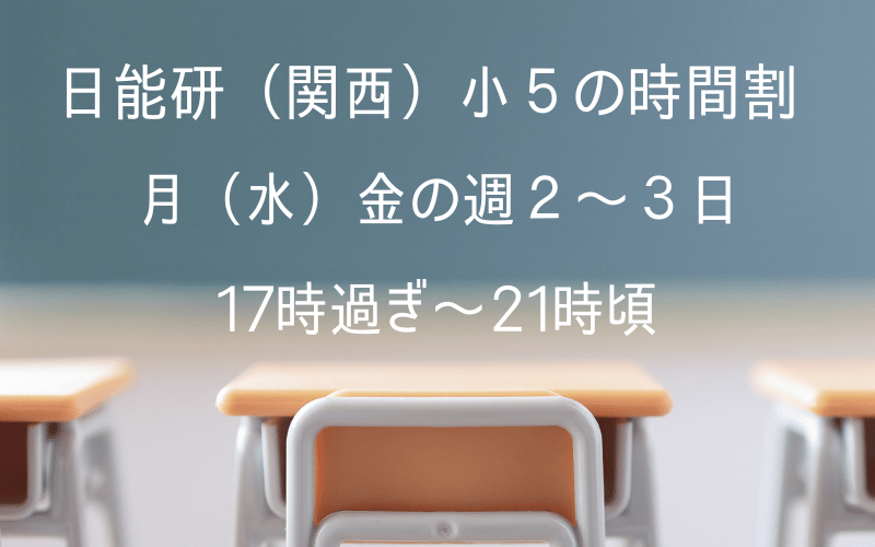 黒板と机と椅子と「日能研（関西）小５の時間割」の文字