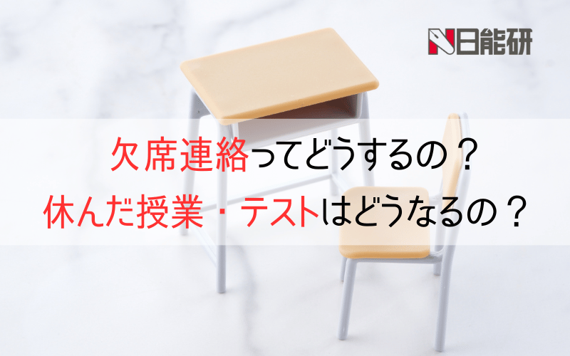 日能研のロゴと机と椅子と「欠席連絡ってどうするの？休んだ授業・テストはどうなるの？」の文字
