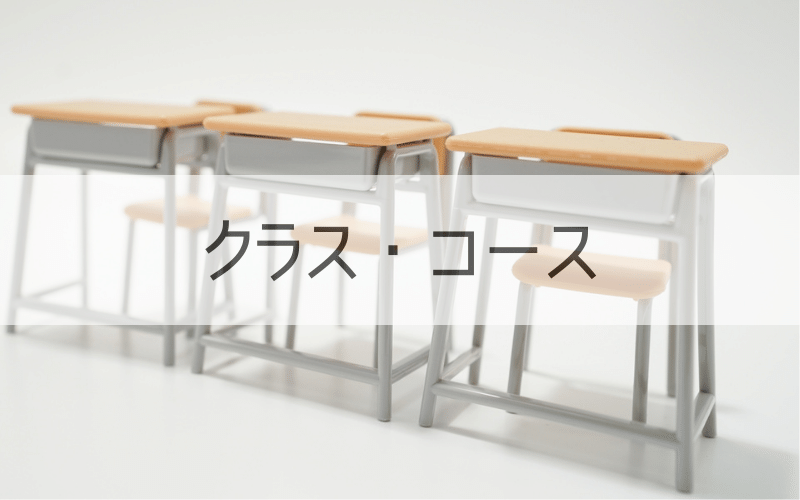 ３つの机と椅子と「クラス・コース」の文字