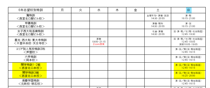 日能研の時間割表