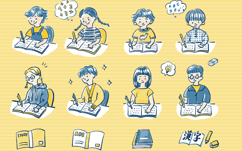 勉強する８人の子どものイラスト