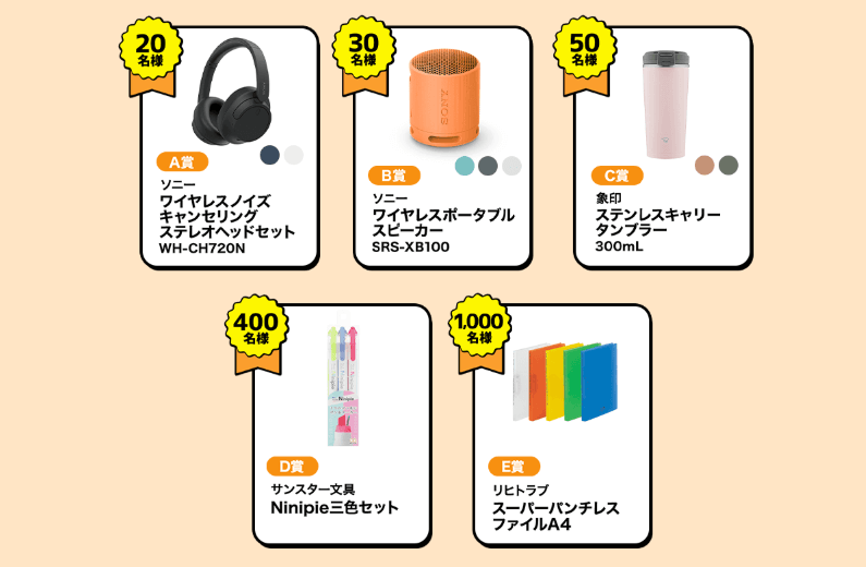進研ゼミ中学講座の抽選プレゼントの内容（ヘッドセット、スピーカー、タンブラーなど）