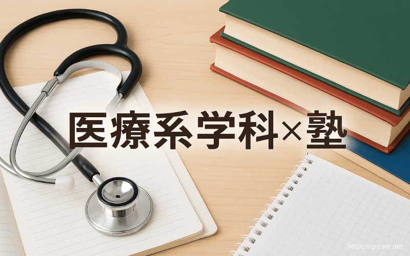 聴診器とテキストと「医療系学科×塾」の文字