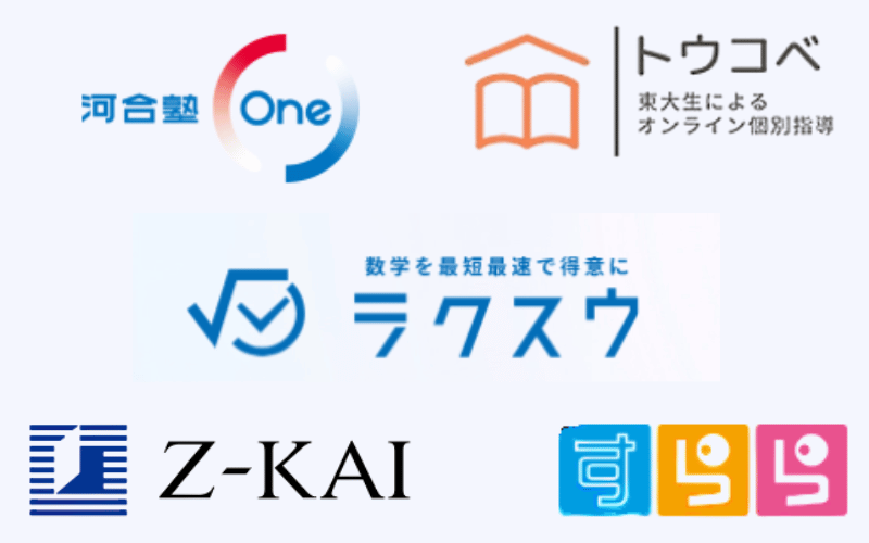 「Z会」「すらら」「トウコベ」「ラクスウ」河合塾One」のロゴ