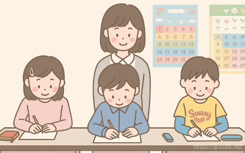 勉強をする3人の子どもと見守る先生
