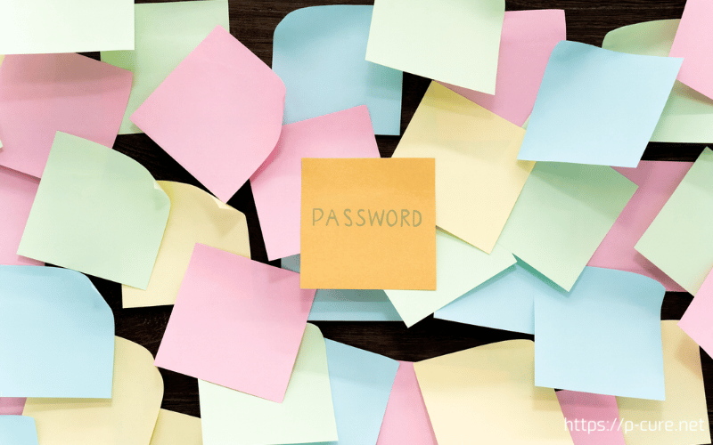 たくさんのカラフルな付箋と中央にかかれた「PASSWORD」の文字
