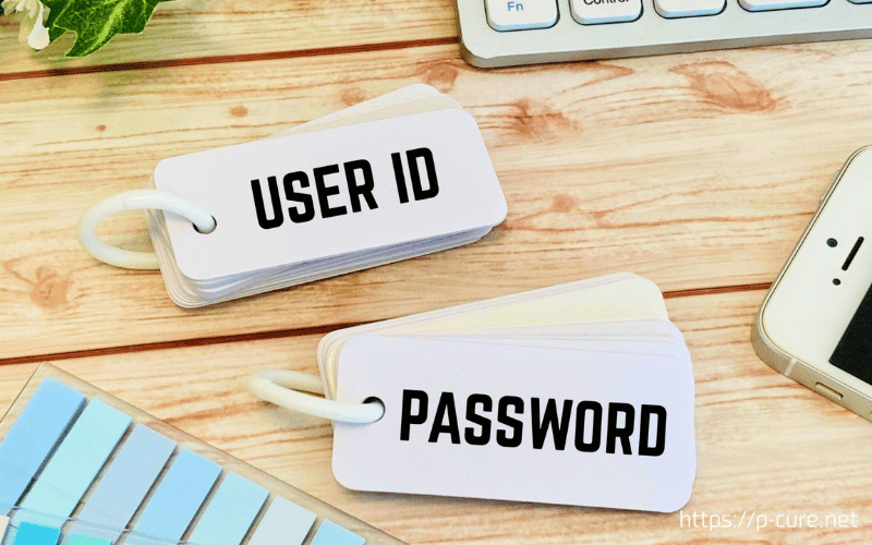 「USER ID」「PASSWORD」と書かれた単語帳と付箋