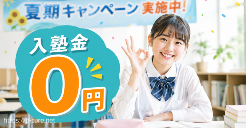 「入会金0円」吹き出しとOKサインをする笑顔の女子生徒