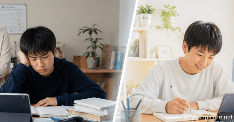 不機嫌そうな男子と笑顔の男子がそれぞれオンライン学習をしている