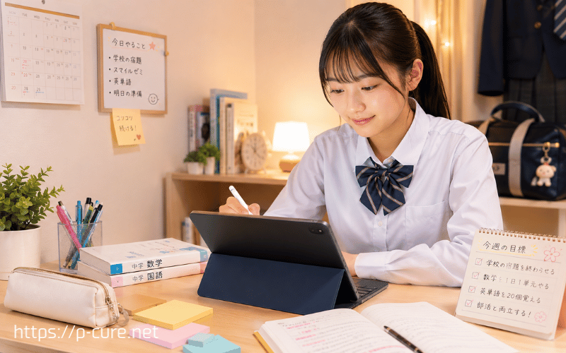 タブレット学習に取り組む制服を着た女子生徒