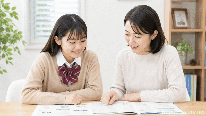 資料を見ながら話す女性とと母親