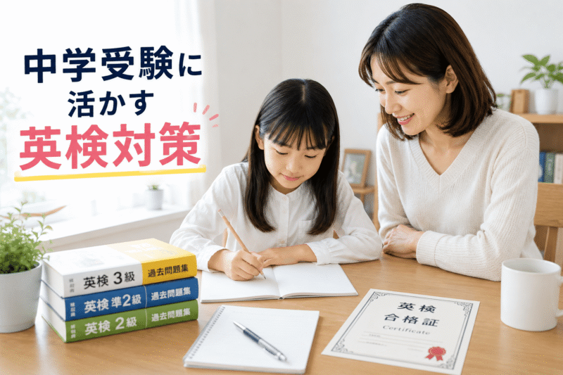 中学受験に向けて英検対策に取り組む小学生と保護者