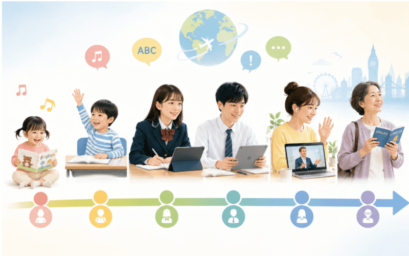 子どもから大人まで年齢に関係なく英会話を始める様子
