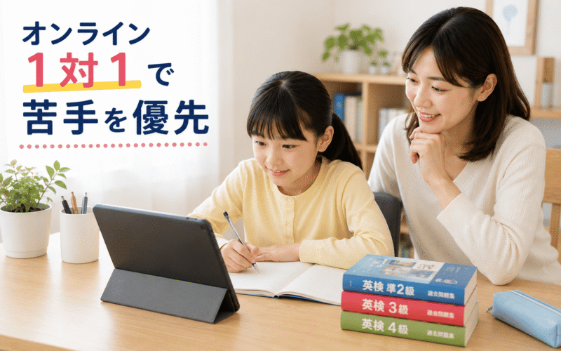 オンラインで英検の個別指導を受ける小学生と保護者