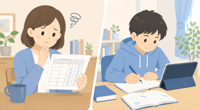 成績表を見て悩む保護者と、タブレットで前向きに学習に取り組む中学生を対比したイラスト