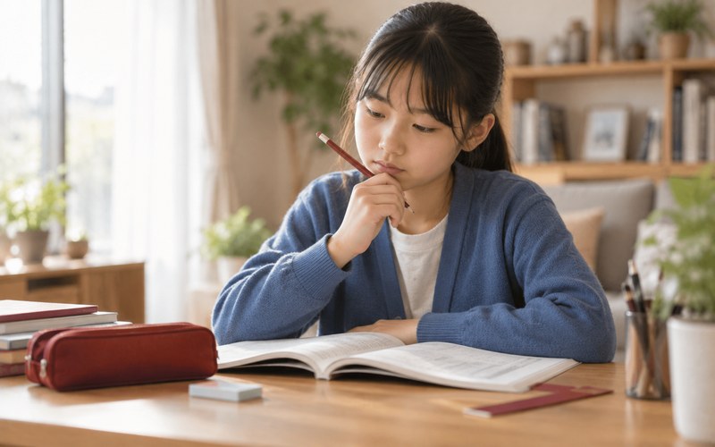 中学受験の国語の問題に取り組みながら考え込む小学生の写真